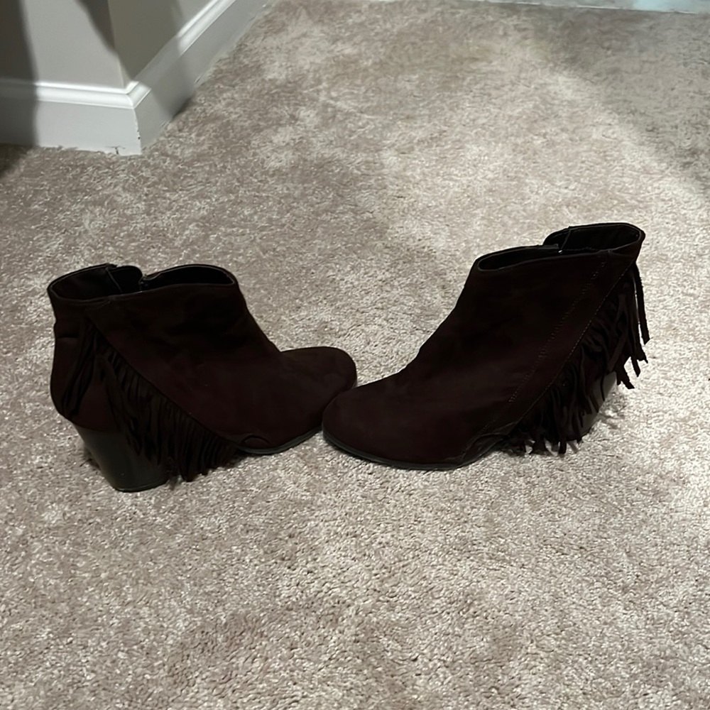 Qupid Brown Fringe Suede Booties
